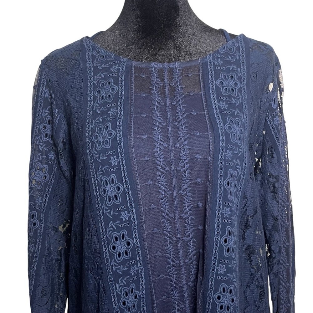 Sundance Sense of Style Sheer Lace Tunic Top Navy Blue — Size Medium - Picture 3 of 11